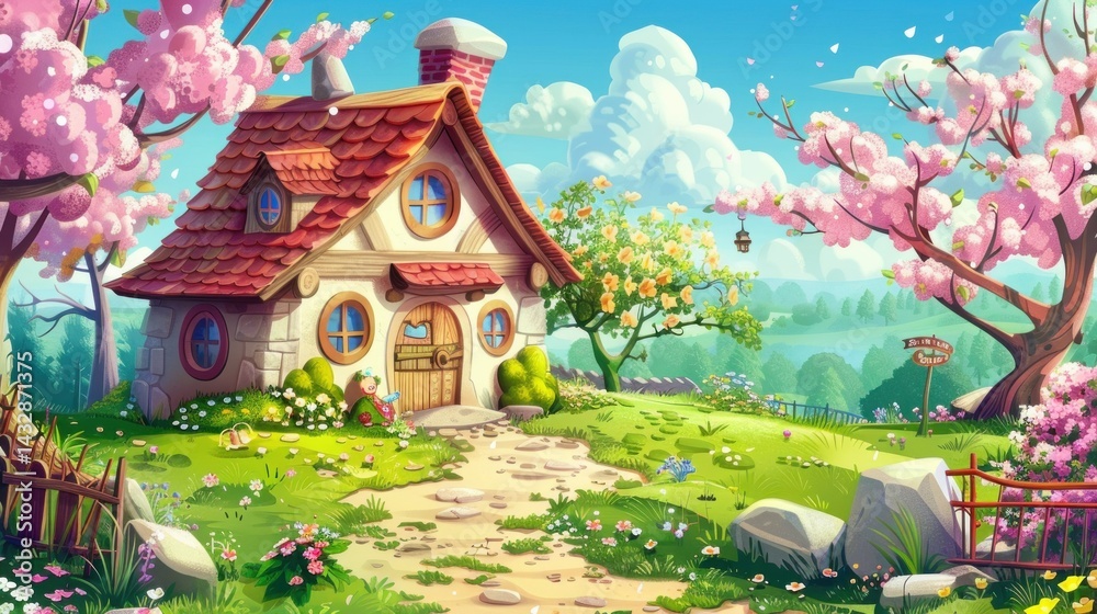 Obraz premium Cute cartoon of spring landscape