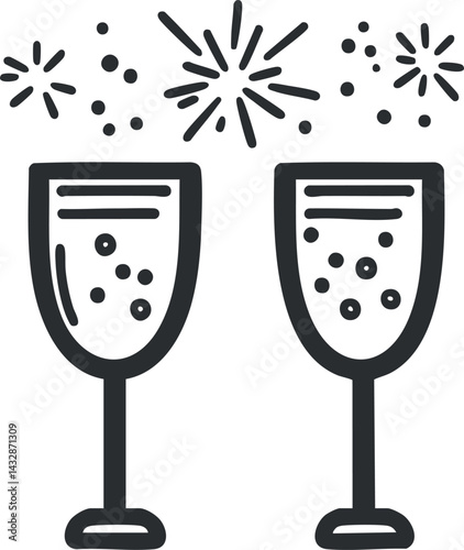 Two champagne glasses with bubbles and festive sparkles celebrating a joyful occasion or party.