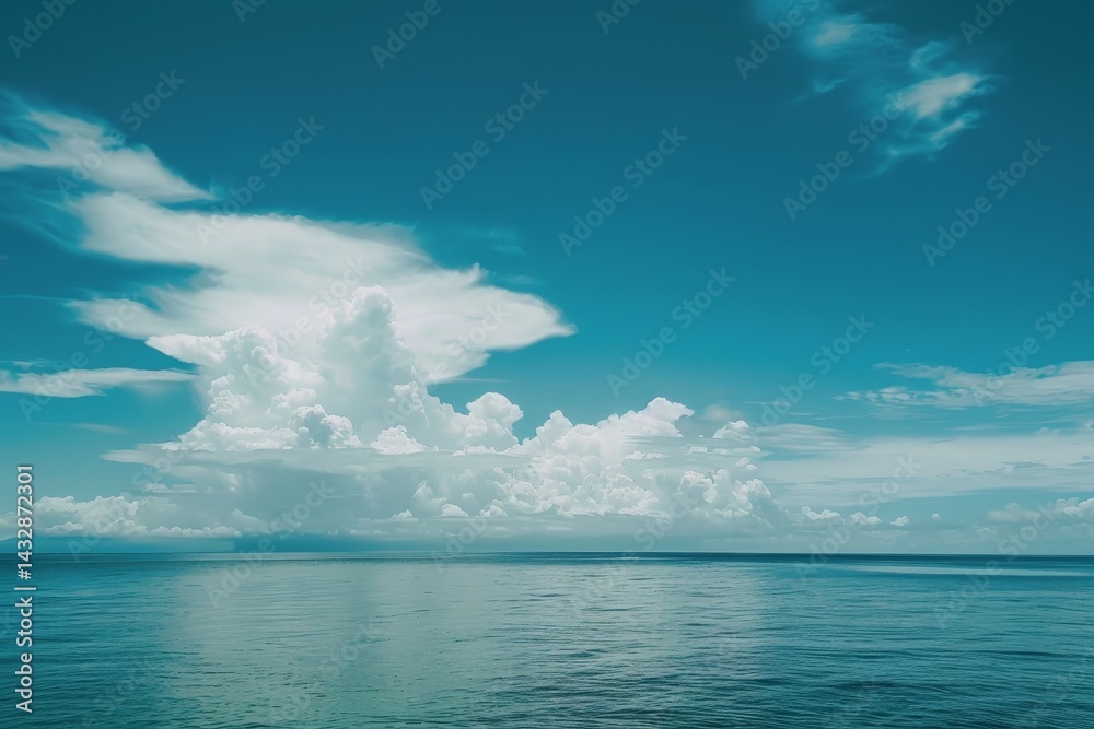Obraz premium A panoramic view of a tranquil ocean scene with a vibrant blue sky and fluffy white clouds, A serene and vast blue backdrop