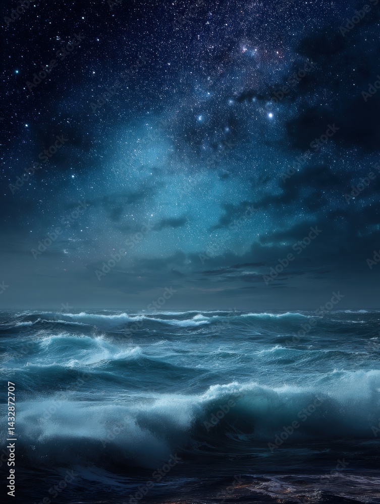 Majestic ocean waves under a starry night sky creating a serene and dramatic seascape with deep blue tones and ethereal light Majestic ocean waves under a starry night sky creating a serene and dramatic seascape with deep blue tones and ethereal light