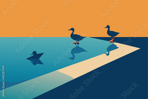 ducks waddling past mirror like puddle .eps

