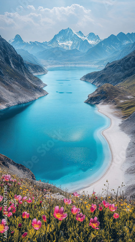 Serene Mountain Lake with Wildflowers Blooming