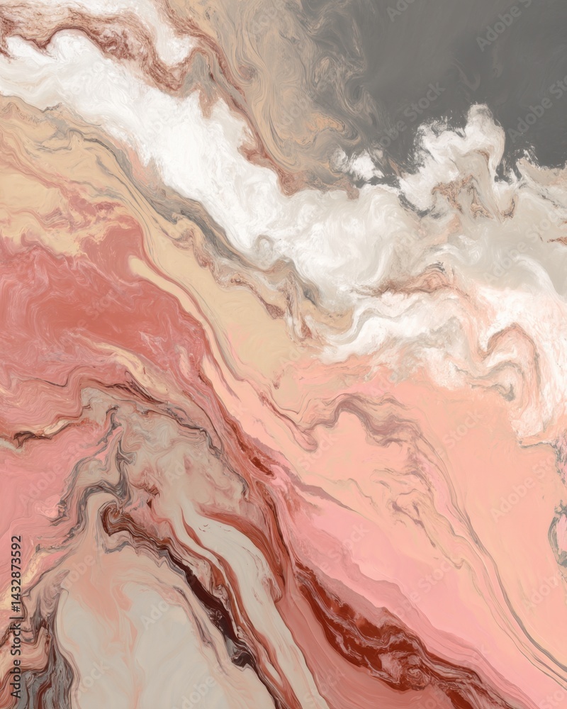 Naklejka premium Abstract art with fluid acrylic paint pouring in coral pink white gray and tan colors creating a marble effect artistic background with organic swirls