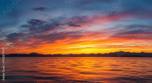 Sunset over the water with mountain view
