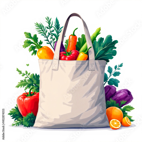 A colorful illustration of an eco-friendly bag filled with fresh vegetables and fruits. Illustration for eco-shopping, healthy living and zero waste topics