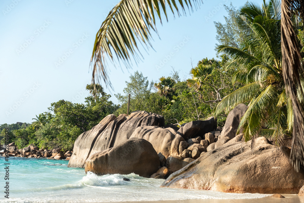 Seychelles tropical beach scene with turquoise sea, granite boulders, lush palm vegetation