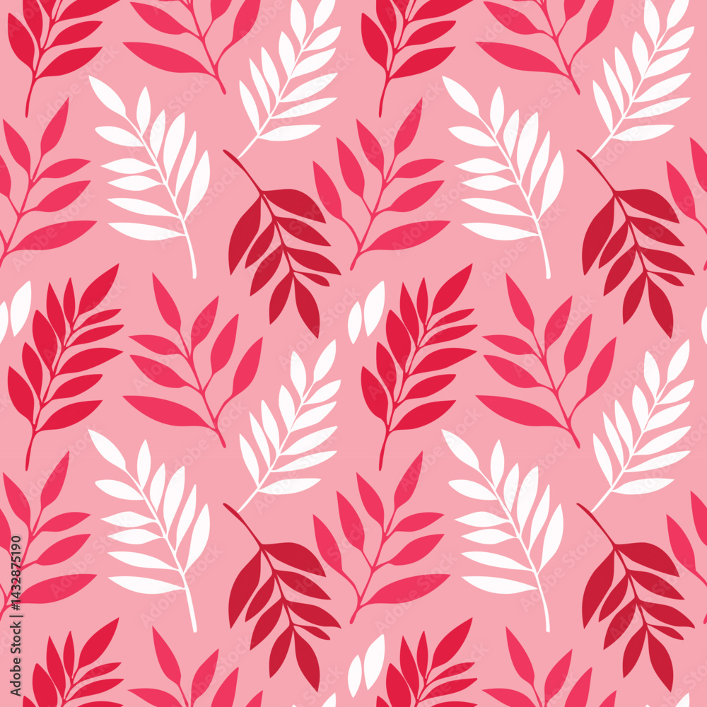 Seamless pattern with red, pink, and white leaves on a pink background, creating a stylish and decorative look Seamless pattern with red, pink, and white leaves on a pink background, creating a stylish and decorative look
