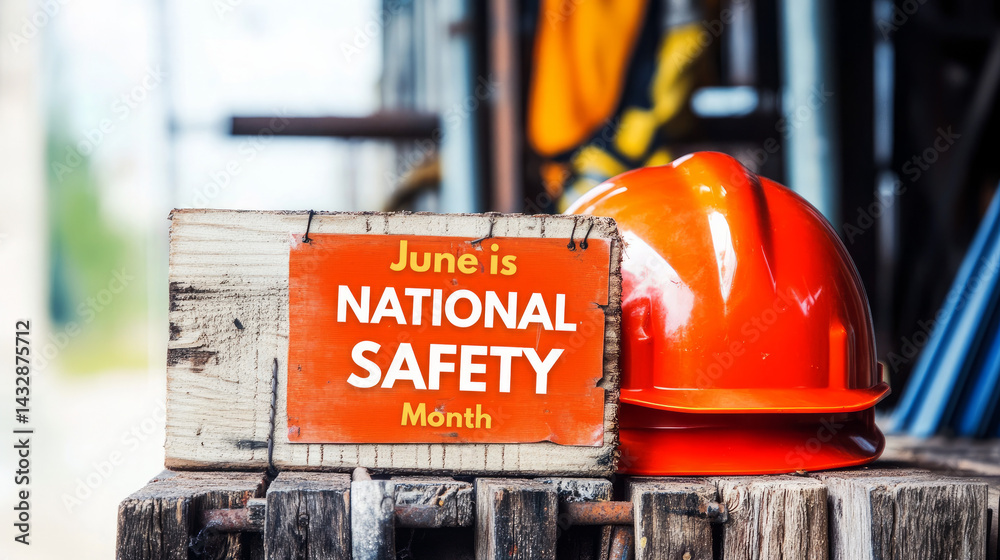 Fototapeta premium Banner for National Safety Month with safety hardhat, gloves, and tools