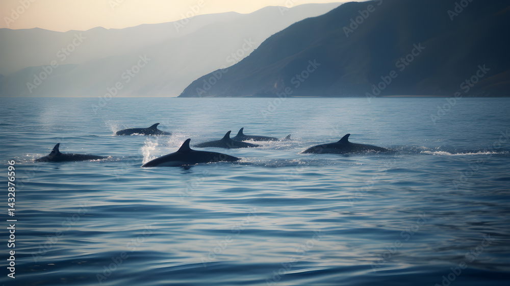 Fototapeta premium A group of dolphins swimming in the ocean with mountains in the background.
