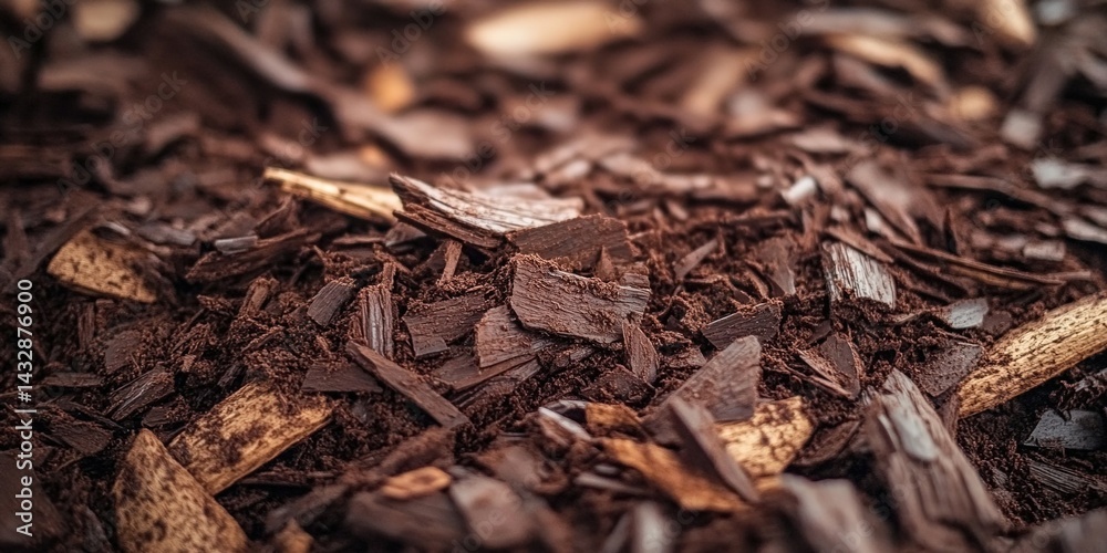 Close-up of wood chips on a dark brown, soil-like surface. Close-up of wood chips on a dark brown, soil-like surface.