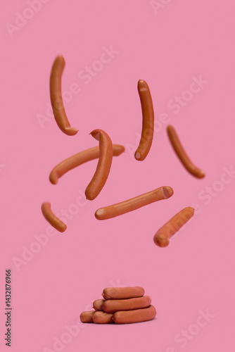 Bavarian sausages falling midair on pink background
 photo