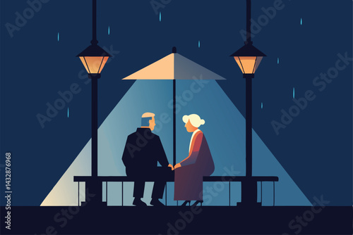 elderly couple sitting under porch light in drizzl.eps

