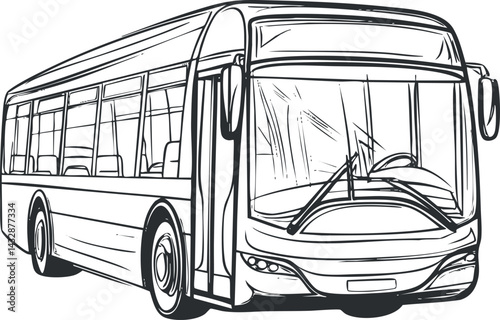 Black and white line art illustration of a modern public transport bus viewed from the front side with open door and visible seats inside