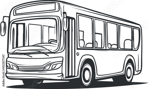 Black and white illustration of a bus from the front side showing windows and wheels for public transportation use