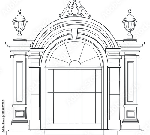 Black and white line drawing of an ornate arched doorway with columns and lanterns on each side