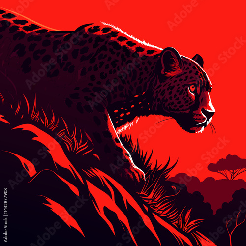 Red Leopard Silhouette, African Wildlife Art