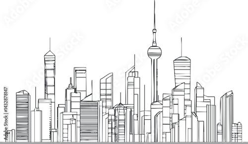 Black and white line art illustration of a modern city skyline with various skyscrapers and towers.