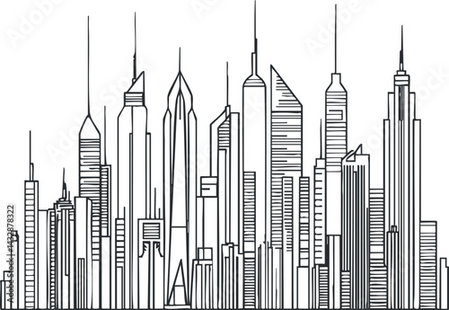 Black and white line art drawing of a modern city skyline featuring tall skyscrapers and urban architecture.