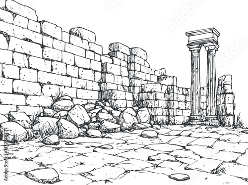 Detailed black and white sketch of ancient stone ruins with crumbling walls and classical columns