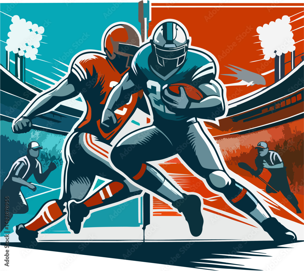 Fototapeta premium Retro Vector Illustration of Intense American Football Playoff Match – Dynamic Stadium Action Scene