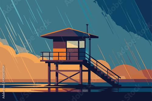 empty lifeguard tower in stormy seaside rain .eps
