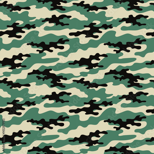 Camouflage pattern with green, beige, and black colors, used for military and outdoor purposes