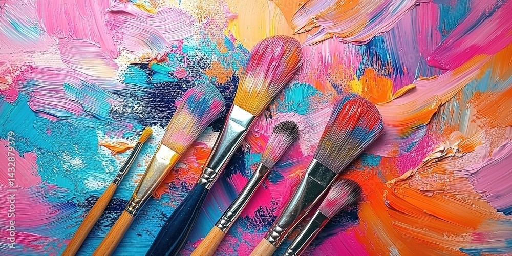 Fototapeta premium Several brushes stained with colored paint are placed on the textured surface against a background of heavily painted pink, orange, blue, and yellow strokes.