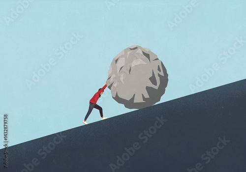 Woman pushing large boulder uphill
