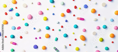 Colorful pills and capsules scattered on a white background.