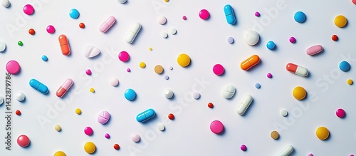 Colorful pills and capsules scattered on a white background.