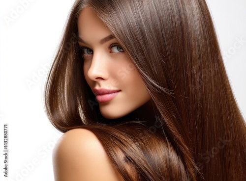 A beautiful woman with long, straight hair in a side view against a white background.