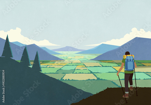 Man backpacking in nature, looking at scenic mountain valley landscape view
