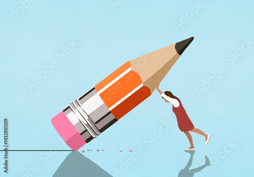 Girl erasing line with large pencil nub eraser against blue background
