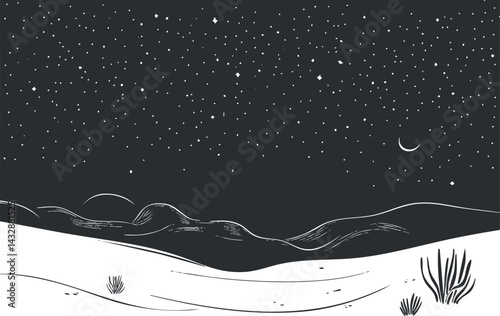 Black and white desert landscape at night with starry sky and crescent moon above hills