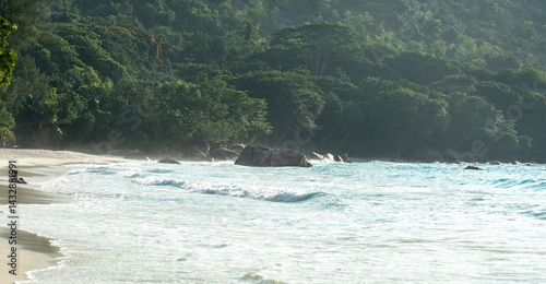 Obraz na płótnie Tropical island beach in Seychelles with jungle, granite boulders, and soft sea waves w salonie