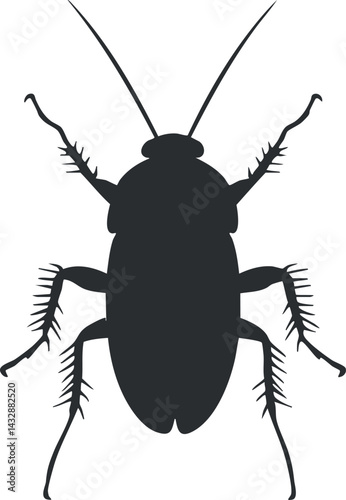 Black silhouette of a cockroach insect with detailed legs and antennae isolated on white background