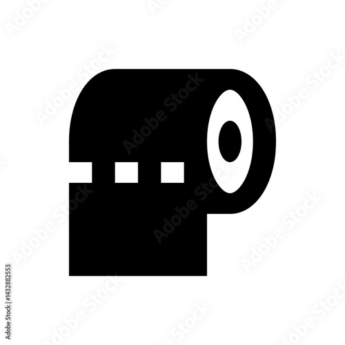 Illustration of a black and white toilet paper roll with three square perforations on a white background