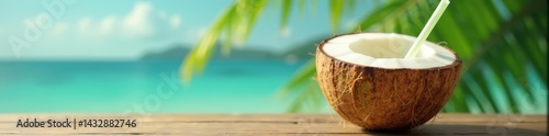 Fresh young coconut ready to drink with straw, beverage, refreshment