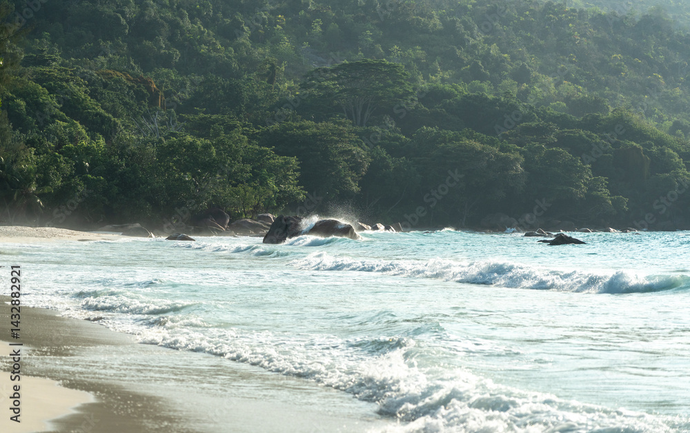 Tropical Seychelles beach with jungle backdrop, granite boulders, and turquoise waves