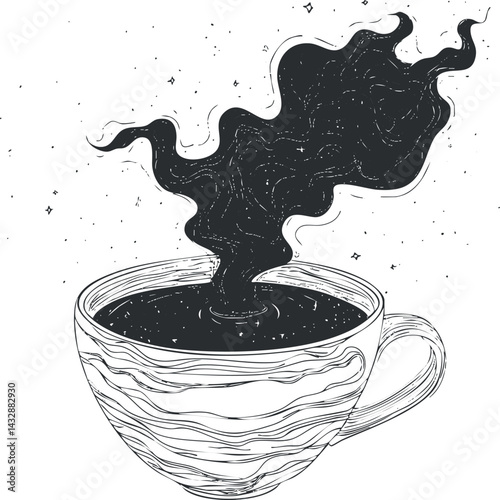Black and white sketch of a steaming hot coffee cup with swirling steam rising above it
