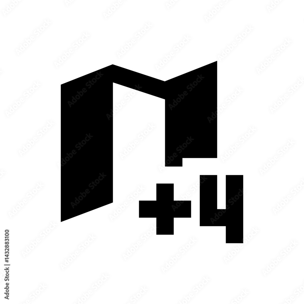Abstract black geometric shape resembling letter m with plus sign and number four symbol design element Abstract black geometric shape resembling letter m with plus sign and number four symbol design element