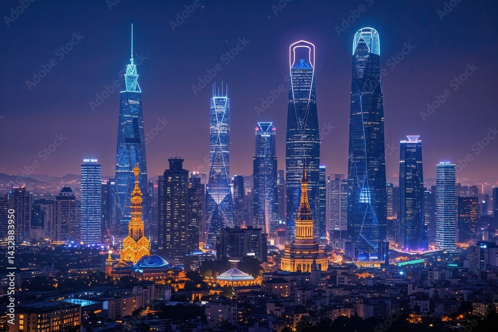 Obraz premium Illuminated Urban Skyline: A World of Lights and Nighttime Networking
