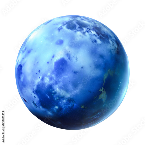 Icy Celestial Sphere: A mesmerizing 3D render of a vibrant blue planet, swirling with icy textures and a smaller moon orbiting nearby. Perfect for science fiction, fantasy, or abstract designs.