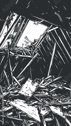Black and white illustration of wooden debris and broken wreckage with a broken window opening above