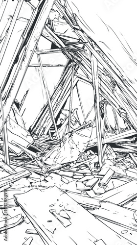 Black and white line drawing of wooden debris and wreckage from a collapsed structure with scattered broken pieces