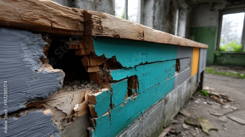 Decayed wooden structure with peeling paint and broken boards in abandoned building interior photo
