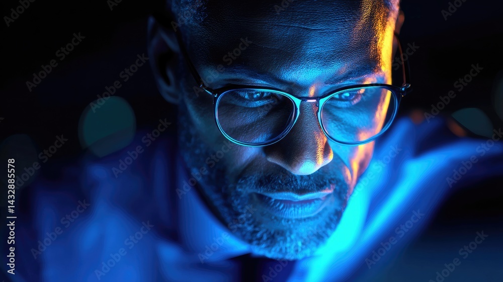Intrigued man in focused contemplation illuminated by vibrant colors. Intrigued man in focused contemplation illuminated by vibrant colors.