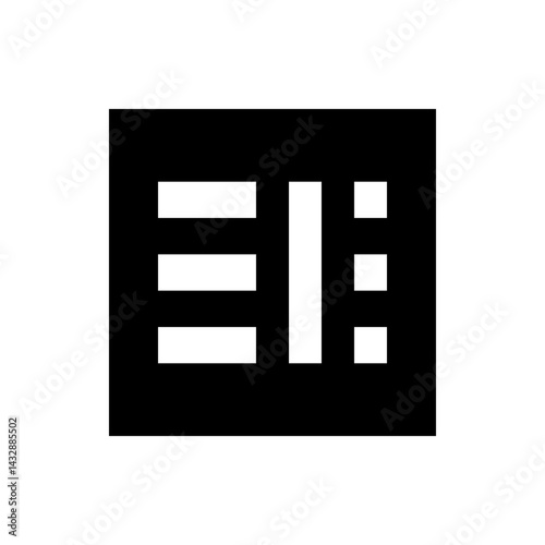 Illustration of a black square containing white rectangular and square shapes in a geometric arrangement