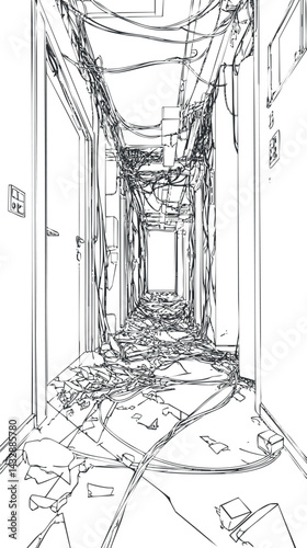 Black and white line drawing of a cluttered hallway filled with tangled wires and scattered papers