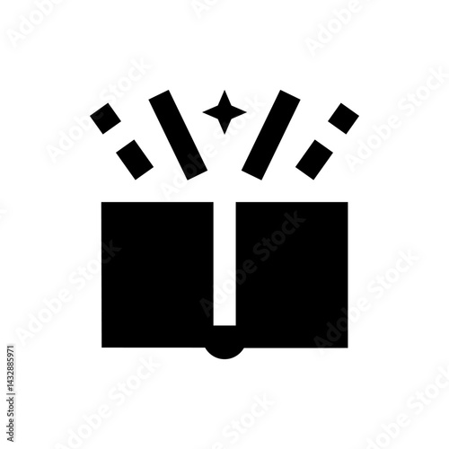 Illustration of a black gift box with a star and confetti above it, simple and minimalist style